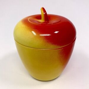 Vintage Hazel Atlas 4" Apple Milk Glass Jam Jar With Lid - Red and Yellow